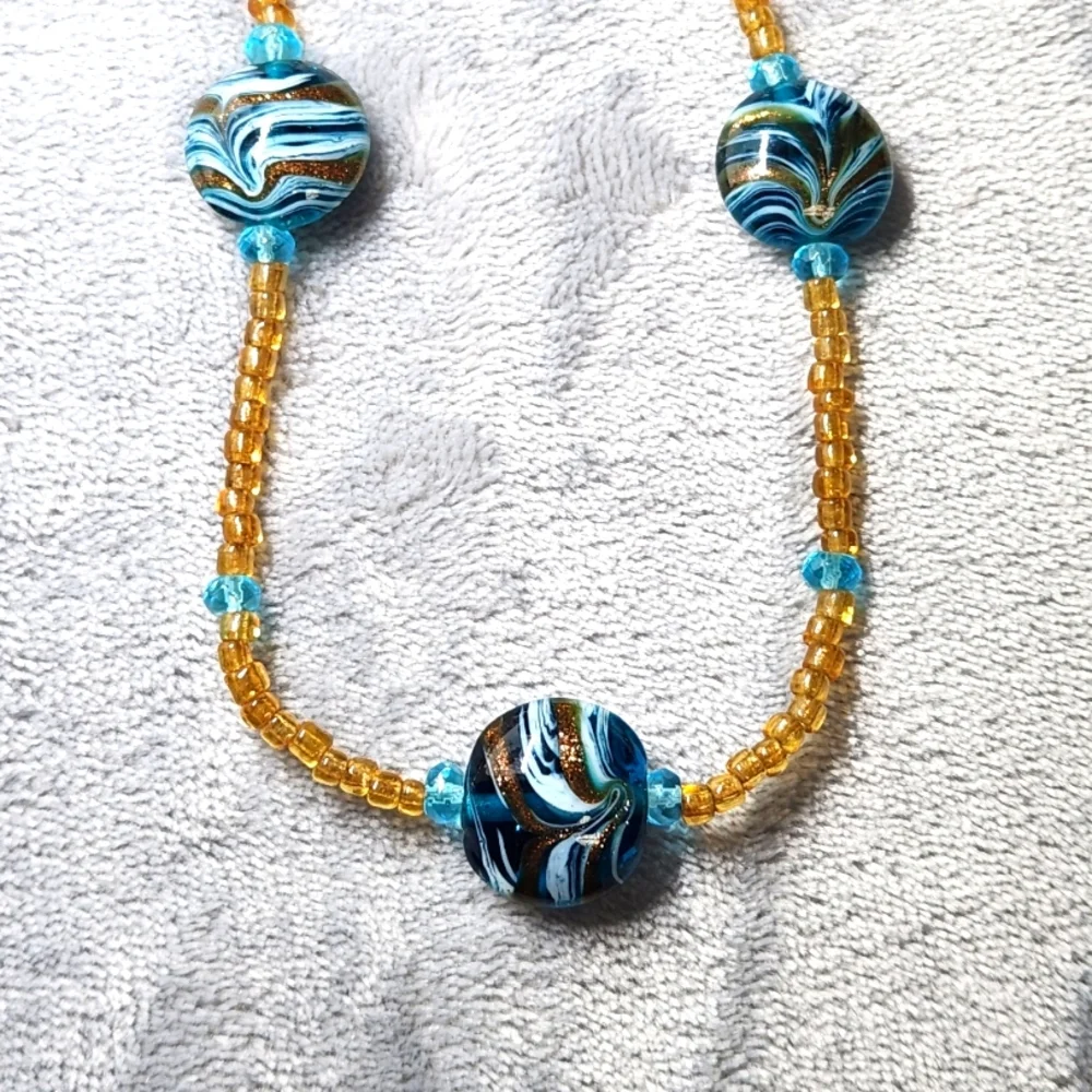 Blue and Gold Glass Beaded Necklace - Picture 3 of 5